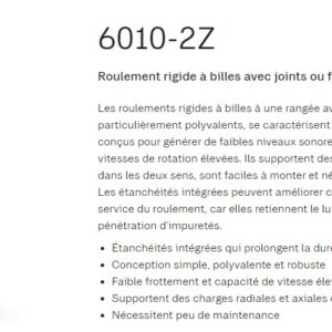 Roulement rigide à billes 6010 2Z589 Ø50 x 80 x 16mm
