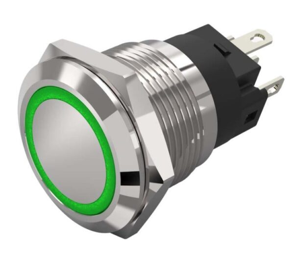Poussoir tête affleurante P19mm led 12v verte inox IP65