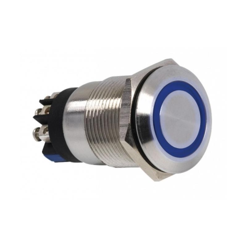 Poussoir tête bombée affleurante 12v led bleue P22mm inox IP67