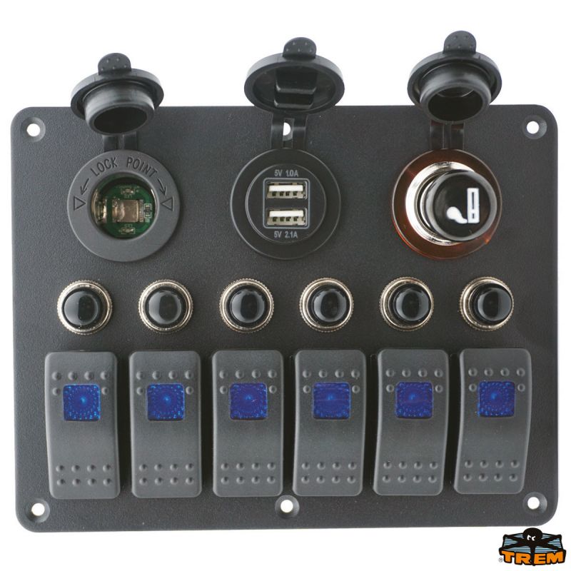 Tableau 6 inter avec prise allume-cigare/USBx2 alim 12/24V